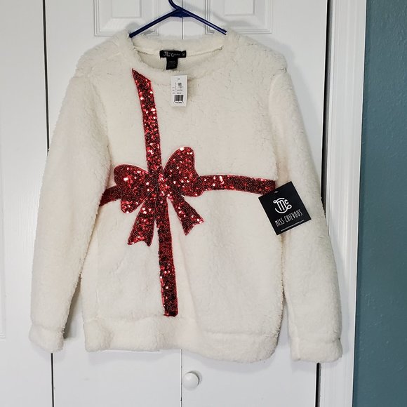 Miss Chievous Sweaters - NWT Miss Chievous Plush Holiday Gift Wrapped Bow Sweater, Women's Medium